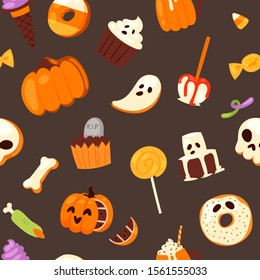 Halloween sweets vector seamless pattern. Pumpkin chocolate cake, ghost and scull jelly candy, lollypop on Halloween theme. Spooky sweets pattern for Halloween. on black background.