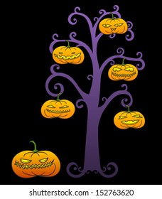 Halloween swirly tree with pumpkins.