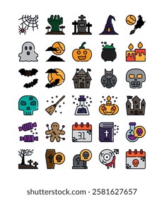 halloween symbol decoration filled outline icon set vector illustration