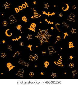 Halloween symbol design decoration into seamless pattern for wallpaper with orange and black background colors.