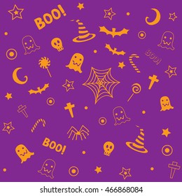 Halloween symbol design decoration into seamless pattern for wallpaper with orange and violet,purple,magenta background colors.