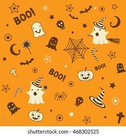 Halloween symbol design element decoration into seamless pattern for wallpaper on brown and oragne background colors.