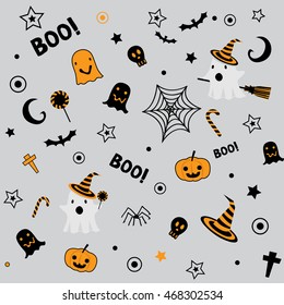 Halloween symbol design element decoration into seamless pattern for wallpaper on orange,black and gray background colors.