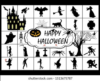 Halloween symbol holiday set silhouette. Objects illustration.
