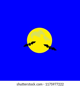 Halloween symbol. Icon of  flying bats. Black bats. Silhouette. Night view of full moon and flying bats. Cartoon. Vector illustration.