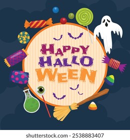 Halloween symbol on circle background with letters. Illustration and vector.