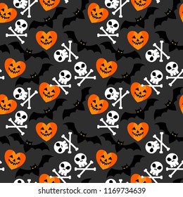 Halloween symbol seamless pattern. Bat  heart and skull