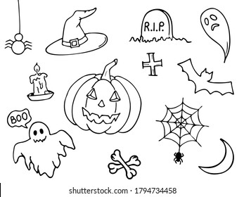 Halloween symbol set for celebration, template and decoration. Happy Halloween.Set with elements for Halloween. Doodle style. Printing on posters. Autumn set for Halloween. 