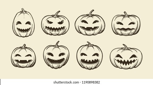 Halloween symbol. set of funny pumpkins, sketch. vintage vector illustration