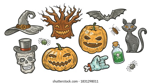 Halloween symbol set. Holiday decorations vector illustration