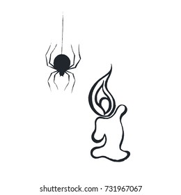 Halloween symbol spider and candle. Hand drawn elements for your design.