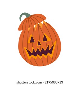 Halloween symbol. Vector illustration of cute Jack o lantern character. Smiling pumpkin face in simple cartoon style. Ideal for cards, invitations, party, preschool, baby nursery.