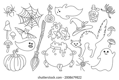 Halloween symbolic holiday contour doodle set. Black cat, pumpkin, hat spider web. Magic hag cauldron bat, toxic mushroom, wizard broom, potion poison bottle. Vector illustration