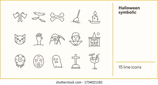Halloween symbolic icons. Bat, ghost, crossed bones. Halloween concept. Vector illustration can be used for topics like holiday, festivals, celebration