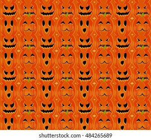 Halloween symbols 4 emotions pumpkin seamless pattern, trendy flat style illustration. Cute fun october pumpkins: evil smile, sorrow, fear, kawaii