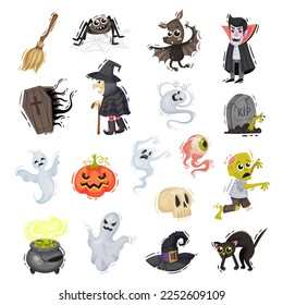 Halloween Symbols and Attributes with Ghost, Witch, Pumpkin, Black Cat, Spider and Zombie Big Vector Set