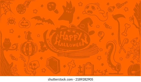 Halloween symbols for background, backgrounds with pumpkins, skulls, bats, spiders, ghosts, bones, candies, spider webs and many more.
