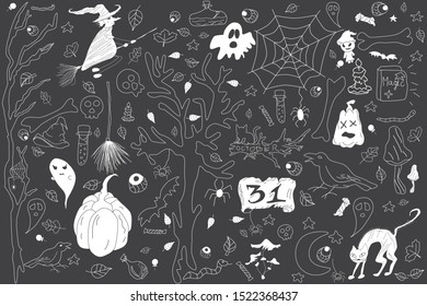 Halloween symbols for background. monochrome colors. Grey and white. 