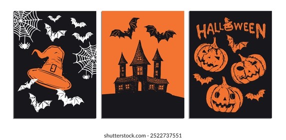 Halloween symbols, bat, hat, pumpkin, pattern, hand drawn illustrations	