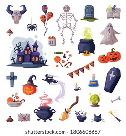 Halloween Symbols Big Set, Holiday Party Design Elements Cartoon Style Vector Illustration