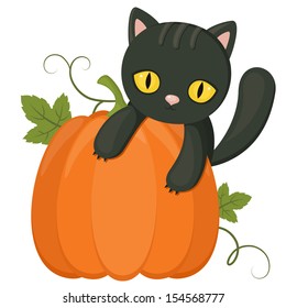 Kawaii Black Kitten Sitting On Pumpkin Stock Vector (Royalty Free ...