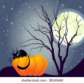 Halloween symbols: black cat, pumpkin, blasted tree, full moon