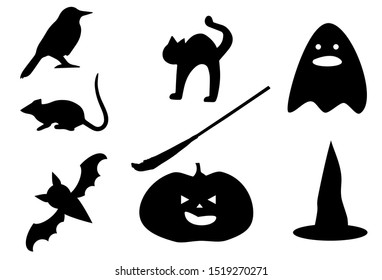 Halloween Symbols Cat, Rat, Bird, Pumpkin, Hat, Ghost, Bat, Broom on white background