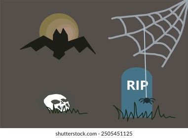 Cementerio de símbolos de Halloween, vampiros, cráneo, araña