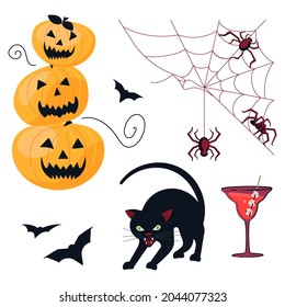 Halloween symbols clipart isolated on white background.. Flat Art Vector Illustration
