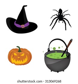 Halloween symbols collection. Black witch hat, pumpkin, spider and kettle with potion. Vector illustration of halloween icon set.