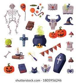 Halloween Symbols Collection, Holiday Party Design Elements, Skeleton, Pumpkin, Coffin, Witch Cauldron, Fortune Telling Magic Ball Cartoon Style Vector Illustration