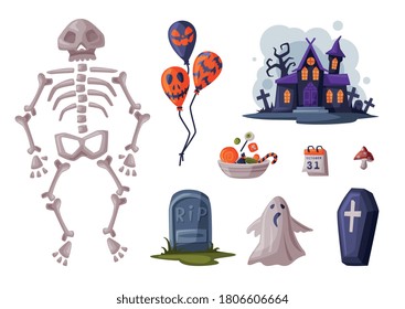 Halloween Symbols Collection, Holiday Party Design Elements, Skeleton, Balloon, Coffin, Gravestone, Castle Cartoon Style Vector Illustration