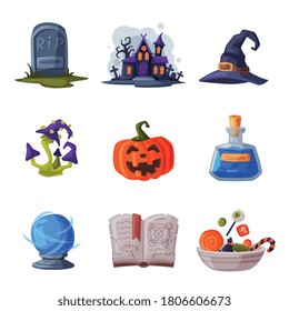 Halloween Symbols Collection, Holiday Party Design Elements, Old Gravestone, Scary Castle, Pumpkin, Poisonous Mushroom, Magic Book Cartoon Style Vector Illustration