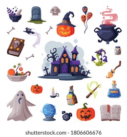 Halloween Symbols Collection, Holiday Party Design Elements, Scary Gothic House, Pumpkin, Witch Cauldron, Ghost, Magic Book Cartoon Style Vector Illustration