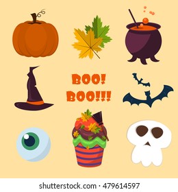Halloween symbols collection horror pumpkin ghost. October fear autumn cartoon celebration halloween holiday icon set. Fun evil creepy halloween skull scary design candy magic. Trick or treat.