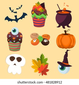 Halloween symbols collection horror pumpkin ghost. October fear autumn cartoon celebration halloween holiday icon set. Fun evil creepy halloween skull scary design candy magic. Trick or treat.