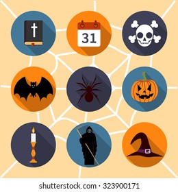 Halloween symbols. collection icons, flat style, vector illustration.