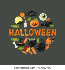 Halloween symbols collection on a black background. Happy Halloween.