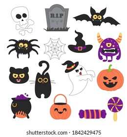 Halloween symbols collection on a white background. Happy Halloween.