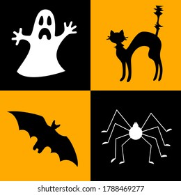 Halloween symbols collection. Set of 4 Halloween elements. bat, ghost, spider, scary house, black cat.