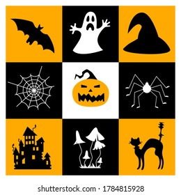 Halloween symbols collection. Set of 9 elements. Bat, ghost, magic hat, cobweb, scary pumpkin, spider, scary house, poisonous mushrooms, black cat.