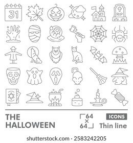 Halloween symbols collection or sketches. Party theme icons in thin line style signs for web and app. Vector graphics isolated on white background