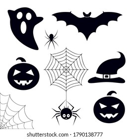 Halloween symbols collection. Trick or treat icons set. Bat, ghost, spiders, pumpkin, cobweb, witch hat. Decoration graphic elements. Vector illustration.