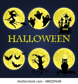 Halloween symbols collection. Witch on a broomstick, an ancient castle, a dry tree, ghosts, owl