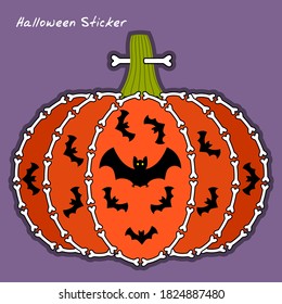 With Halloween symbols decorated pumpkin. Bones, silhouettes of bats are used. One bone is stuck in a peduncle ) Funny sticker. Vector, editable strokes.