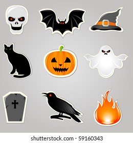 Halloween Symbols And Elements, Stickers Set, Vector Illustration