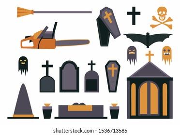 Halloween symbols flat vector illustrations set. Haunted cemetery design elements isolated on white background. Gravestones, coffins, spooky ghosts, crypt, vampire bat, witch hat and broomstick