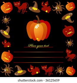 Halloween symbols flying around pumpkin