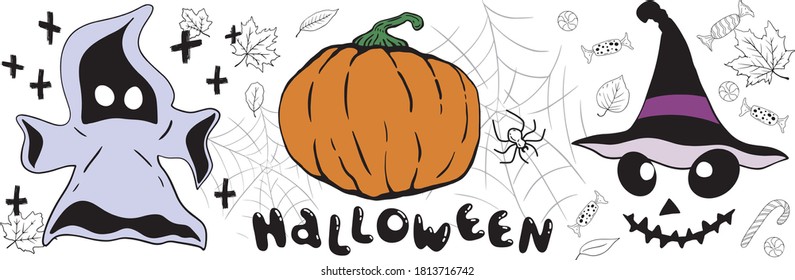 Halloween symbols. Ghost, pumpkin, monster face in a hat, crosses, candy, cobweb, spider, autumn leaves. Vector illustration.