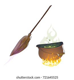 Halloween symbols, hand drawn. Cauldron with boiling green potion and old magical broom, sketch. Vector drawing isolated on white